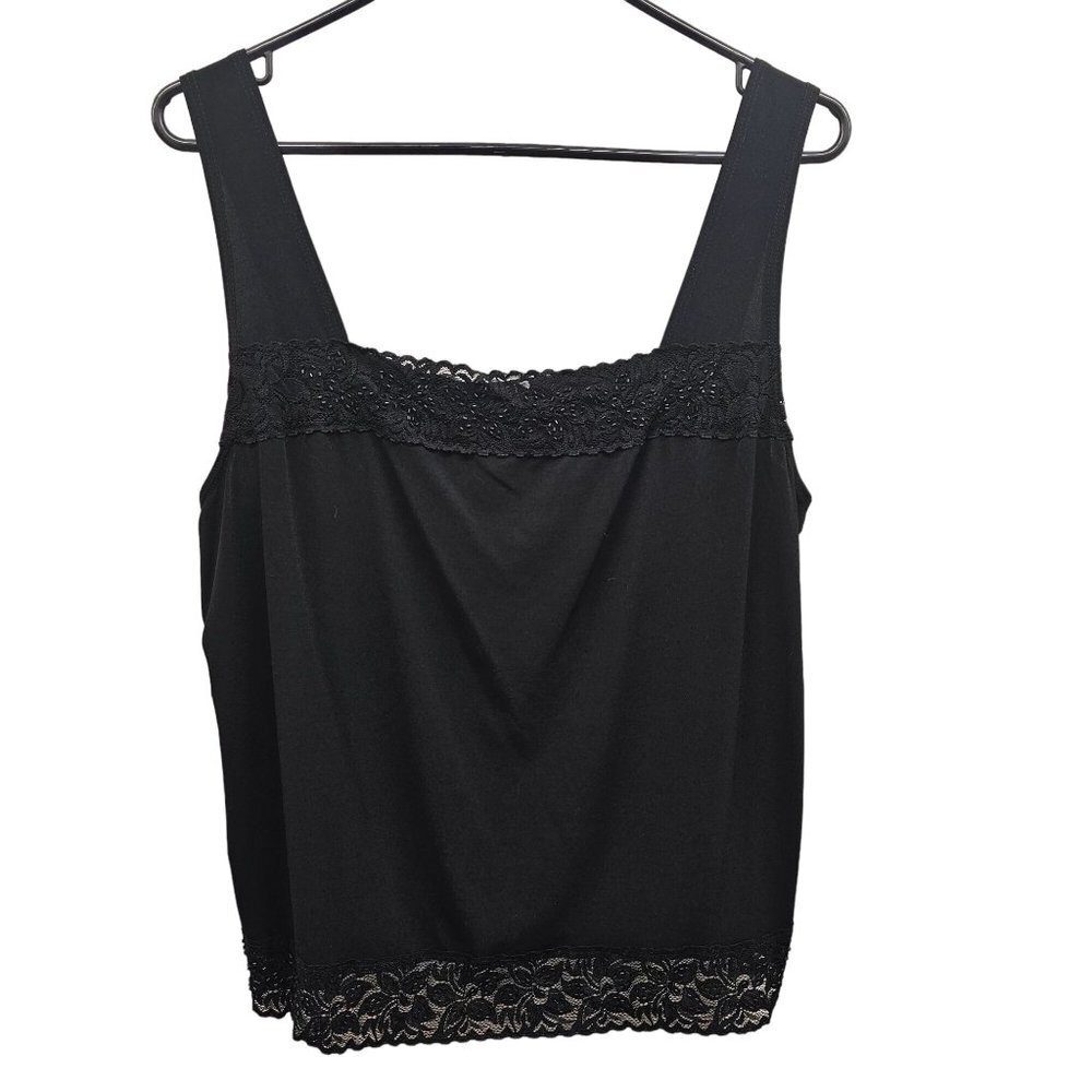 Laura Plus Petites Solid Black Color Lace Trim with Sewn on Beads Square Necklin